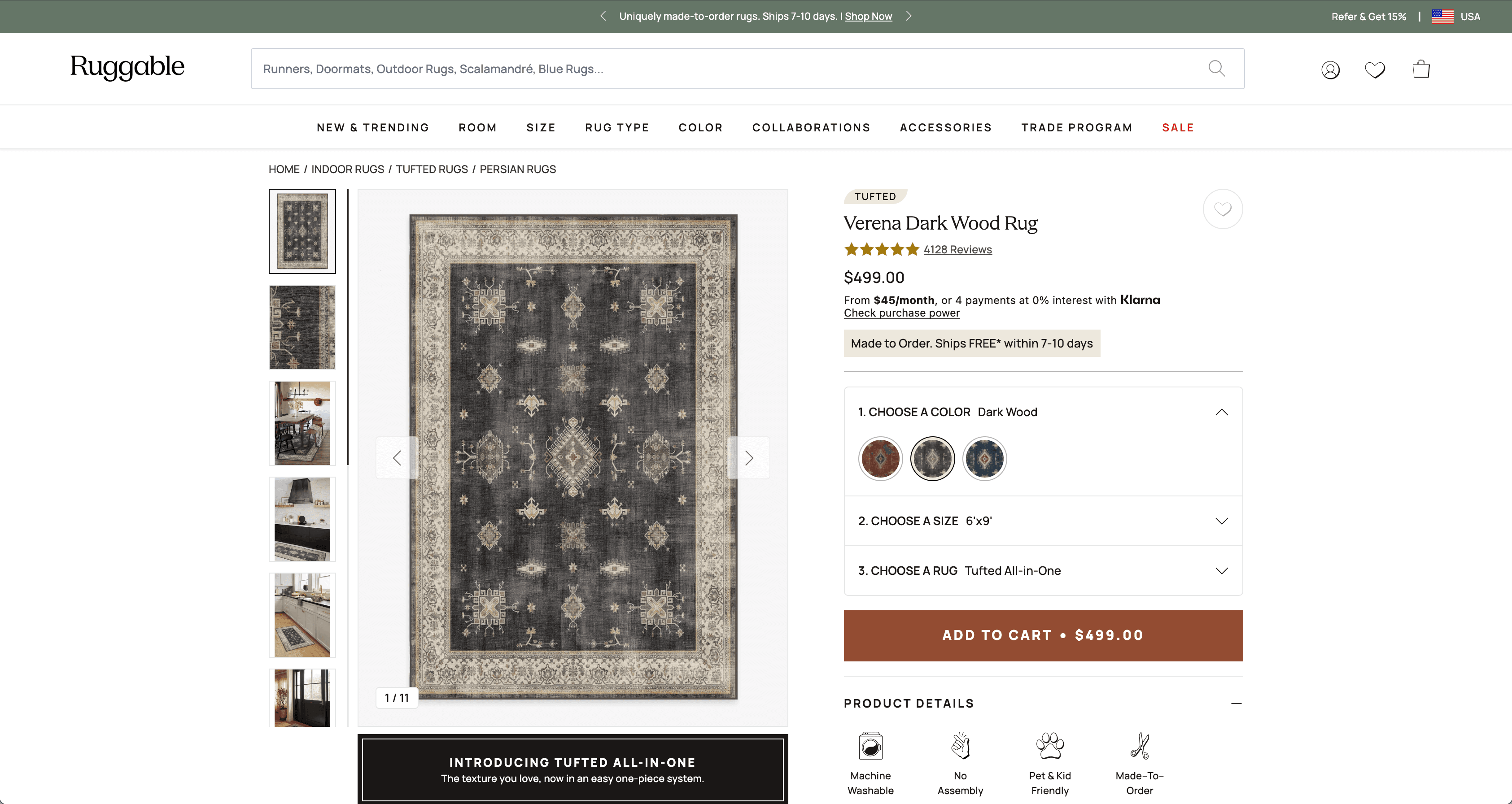 Ruggable Verena Dark Wood Rug PDP — the page where the accordion variant was tested