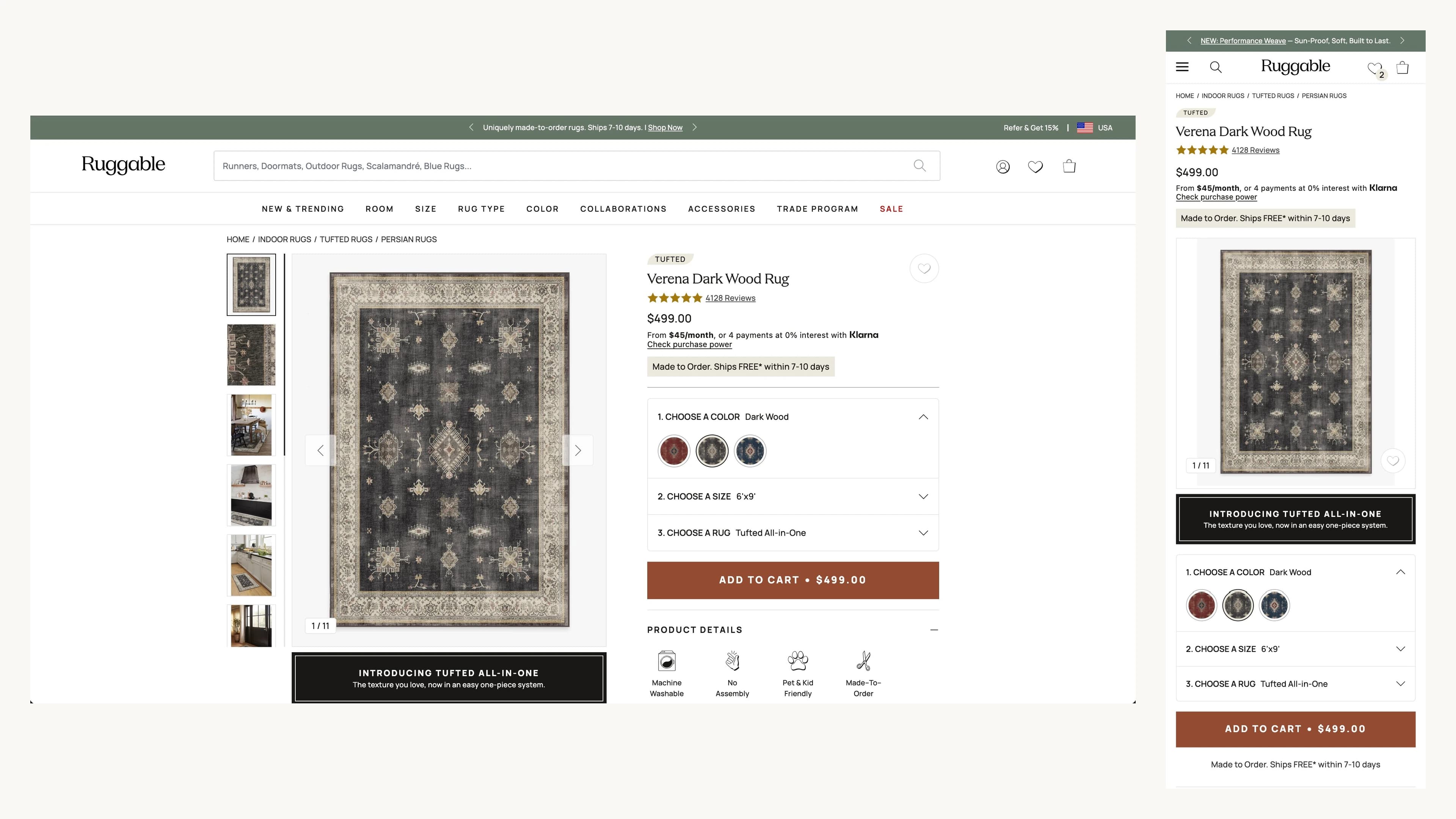 Ruggable Verena Dark Wood Rug PDP — the page where the accordion variant was tested